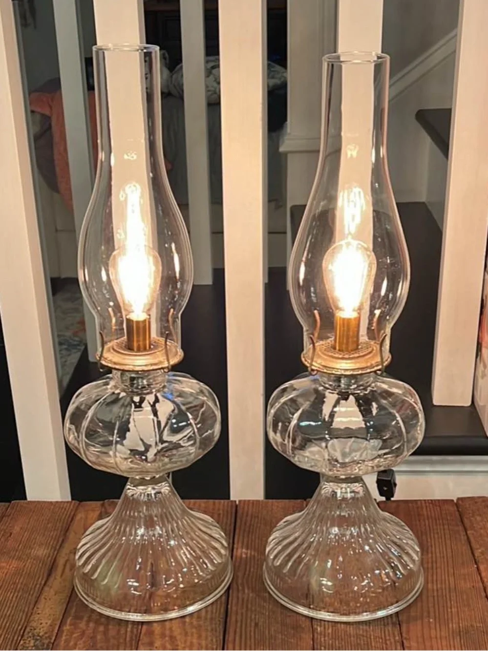 Pair of vintage clear glass converted oil lamps